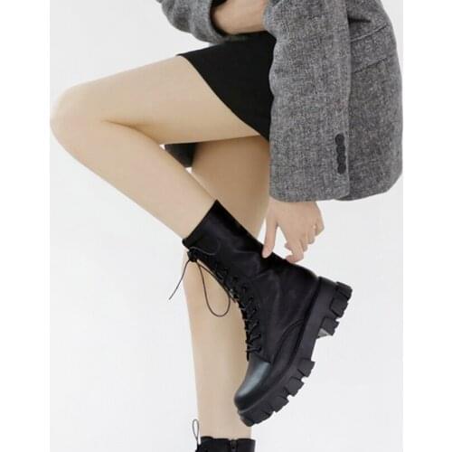 All-match Black Martin Boots Round Toe Thick Heel Zipper Nude Boots 2020 Autumn and Winter Leather Size 33-42