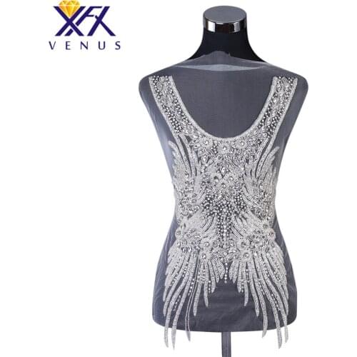 XFX VENUS Handsew on bodice rhinestone applique with glass beads pearls patch wedding dress accessories for DIY