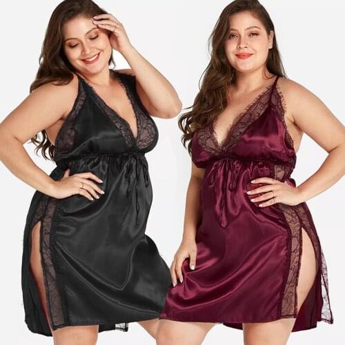 Women Nightdress Plus Size Lace Silk Backless Sexy Lingerie Deep V-Neck Sleepwear Underwear Dress Nightgown G-string Hot Sale
