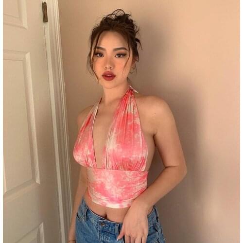 Women Sexy Tie Dye Lace Up Halter Tube Top Sleeveless Deep V Neck Backless Print Club Fashion Crop Top Tank Top Camis Streetwear