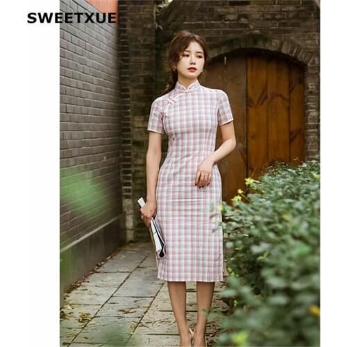 SWEETXUE Female Chinese Style Plaid Girl Retro Dress Chinese Style Modern Daily Fashion Temperament Ladies Qipao Dresses