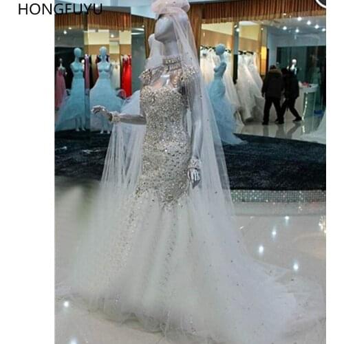 HONGFUYU Luxury Crystals Wedding Dresses Mermaid Bling Bling Tulle High Neck Bridal Wedding Gowns Sweep Train vestido de novia