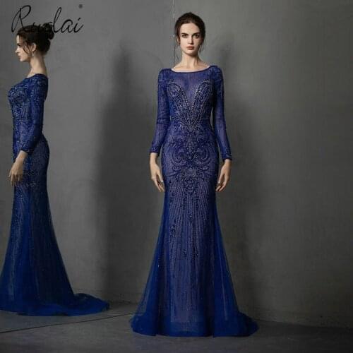 Luxury Crystal Royal Blue Mermaid Evening Dress for Women O-Neck Full Sleeve Sweep Floor Trumpet Long Party Gown