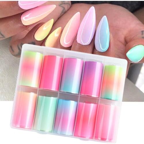 100*4cm 10 Rolls Pure Color Gradient Nail Stickers Transfer Foil Set Neon Candy Full Wraps Nail Paper Art Decoration LAF2171