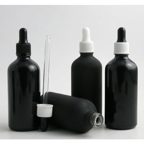 360 x 100ml Portable Frosted/Smooth Black Glass Essential Oil Bottle With White Black Drop 100cc E-liquid Cosmetic Container