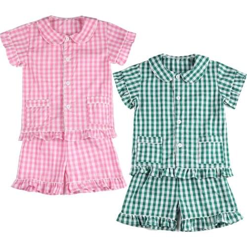 Boutique Girls Pajama Set Peter Pan Collar Cotton Plaid Kids PJS Homewear Infant Pyjamas Baby Sleepwear