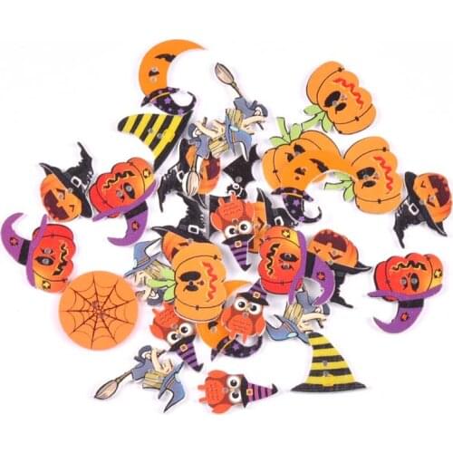 50pcs 30mm Mixed Halloween Pattern Wooden Buttons botones de madera Flatback Scrapbooking Craft Sewing Accessories MT2718