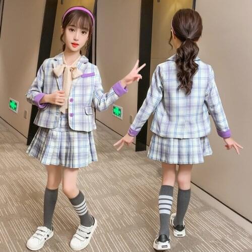 Children Clothing Spring And Autumn Girls Suit 3 Pcs/Set Coat + Blouse + Plaid Skirts Turn-Down Collar Single Breasted Age 4-12