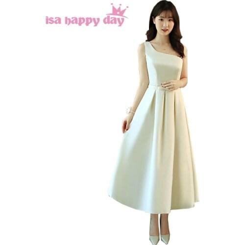 Elegant champagne tea length satin formal bridesmaid dress beautiful bridemaids dresses short for girls style wedding H4231