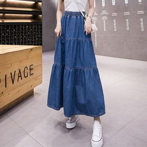 FairyShely Korean Denim Pleated Skirts Women 2021 Autumn A Line High Waist Jeans Mid Skirt Casual Blue Flare Solid Long Skirt