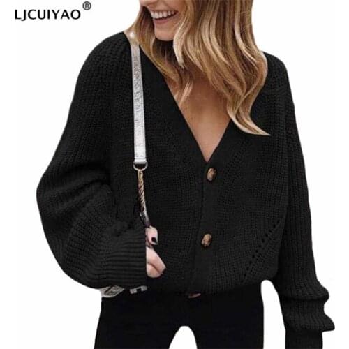 LJCUIYAO Women Knitted Cardigan Autumn Sexy V-Neck Lantern Sleeve Button Oversized Sweater Casual Loose Solid Female Clothing
