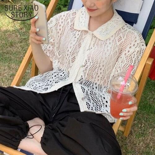 Korean Lace Blouse Women 2021 Summer New Thin Lace Crochet Floral Shirt Perspective Short Sleeve Top Women Blusas Mujer 14842