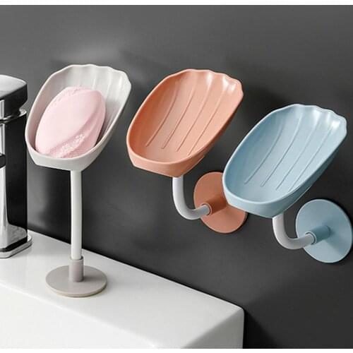 Soap Dish Box Drain Soap Holder Shell Shaped Wall Mounted Suction Cup Base Rotatable Self Draining Soap Dish Stand for Bathroom
