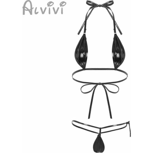 Sexy Womens Swimsuit Shiny Metallic Bikini Set Strappy Cross Back Halter Neck Crop Top with Low Rise Briefs Underwear Nightwear