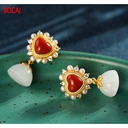 Real S925 Sterling Silver Southern Red Agate Love Heart Shaped White Jade Lotus Pendant Lady High-end Silver Stud Earrings