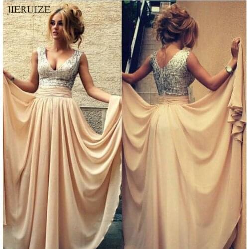 JIERUIZE silver sequin champagne Chiffon Long Evening Dresses A-line V-neck Prom Dresses Party Dress Formal Dress