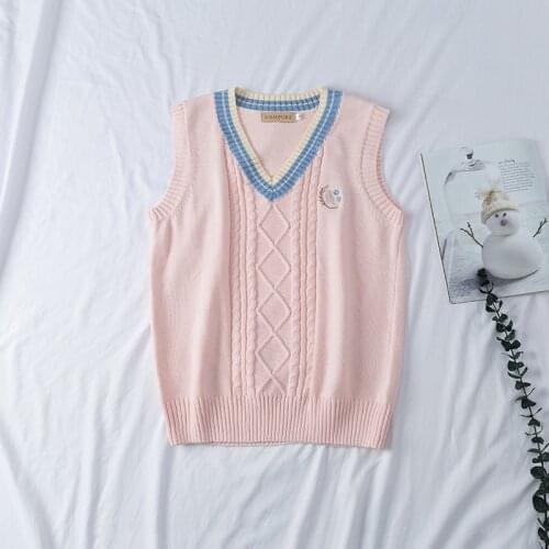 School Dresses Sweater Vest Ladies Cotton Outerwear Knitting Waistcoat Cute Pink And Blue Japanese Students Sweaters For Girls