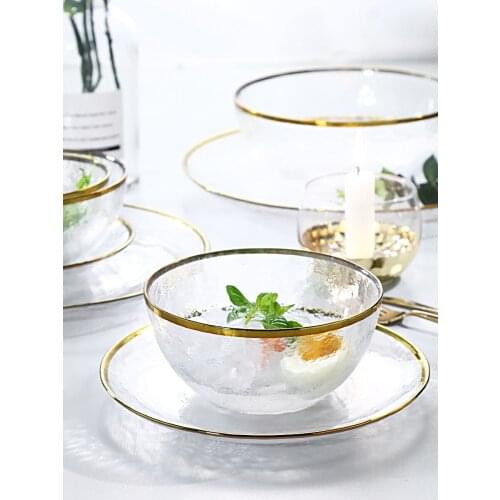 Nordic Ins Wind Gold Rim Glass Fruit Salad Dishes Dessert Bowl Home Kitchen Tableware Transparent Glass Bowl Western Plate
