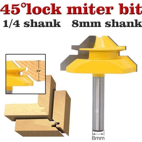 Medium lock 45 degree miter router bit with 3/4" stock and 1/4"8mm shank