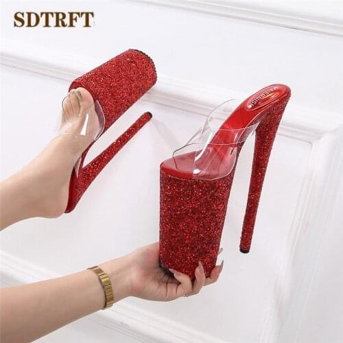 SDTRFT Sequins Stiletto Ladies 26cm Thin Heels Sandals 16cm Platform shoes woman zapatos mujer Transparent Slipper Bling Pumps