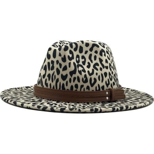 Unisex Flat Brim Wool Felt Women Jazz Fedora Hats Men Leopard Grain Leather Band Decor Trilby Panama Formal Hats 56-58CM