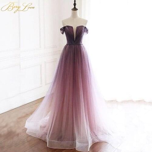 Purple Evening Dress 2020 Long Girl Prom Gown Dyed Tulle V Neckline Formal Party Dress Side Sleeves Ruched Bodice Prom Dress