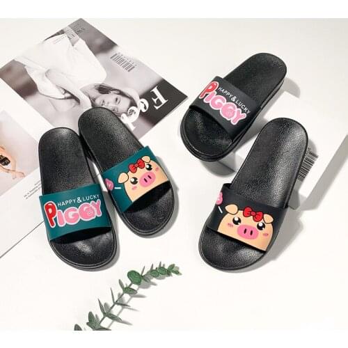Cartoon Pig Female Black Slippers Women Summer Indoor Room Soft Ladies Shoes Girls Home Flip Flop Kids Summer PVC Sandals