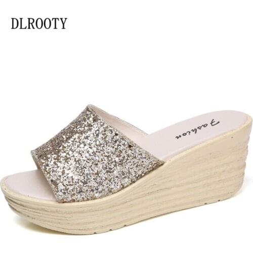 Women Slippers Sandals Flip Flops High Heels 2018 Summer Shoes Woman Peep Toe Wedges Fashion Bling Platform Female Slides