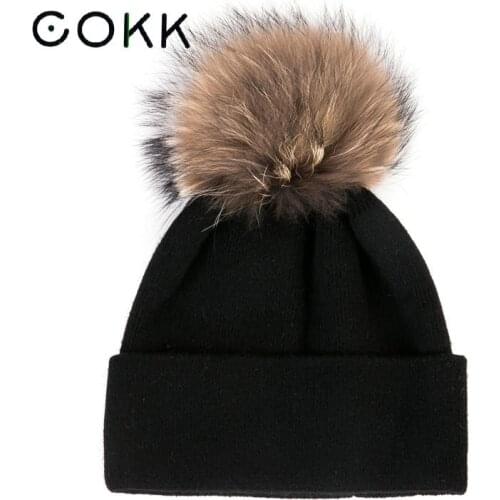 COKK Winter Hats For Women Beanie Real Raccoon Fur Pompom Female Wool Knitted Cap Pom pom Ball Soft Bonnet Skullies Ear Warm