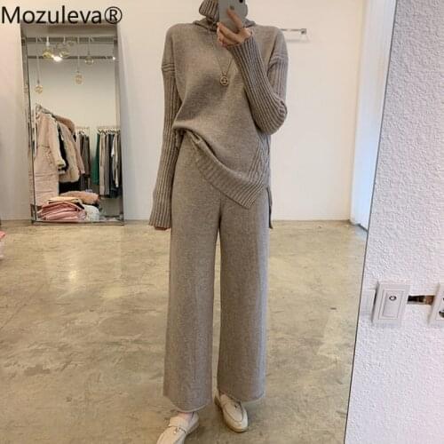 Mozuleva Elegant Thicken Winter Sweater Sets 2 Pieces Knitted Set Women Turtleneck Side Split Pullovers & Wide Leg Sweater Pants