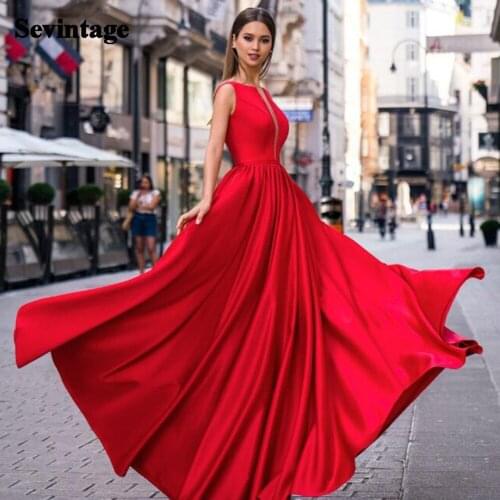 Sevintage Red Satin Long Evening Dresses Sheer Deep V-Neck Corset Back Prom Party Gowns Formal Special Occasion Dress For Women