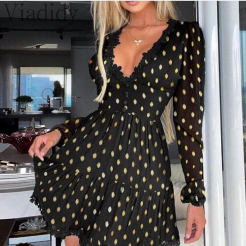 Women Elegant Golden Polka Dot V Neck Buttoned Mini Sexy Lace Dress