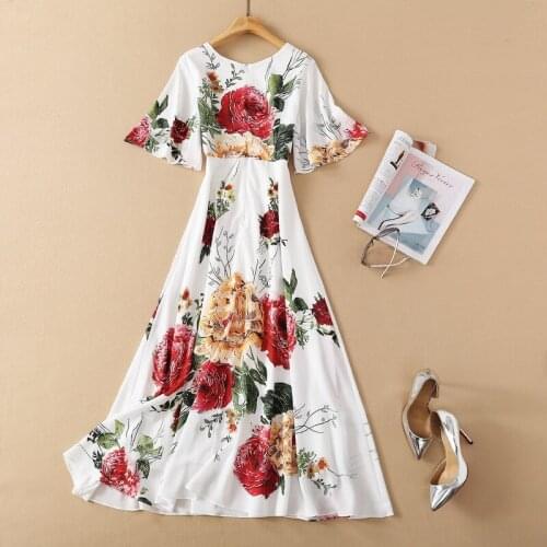 2021 Spring Summer Dress Short Sleeve Crew Neck White Flora Print Panelled Fashion Runway Womens Dress SH