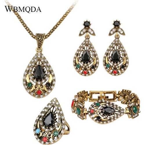 4 Pcs/lot Hot Vintage Indian Jewelry Sets For Women Antique Gold Crystal Statement Necklace Bracelet Earrings Ring Free Shipping