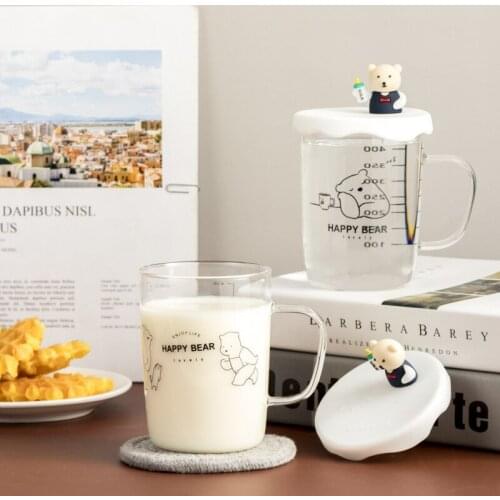 550ml Creative Scale Glass Mug Breakfast Mlik Coffe Cup with Lid Household Couple Water Cup Cartoon Bear Pattern Drinkware