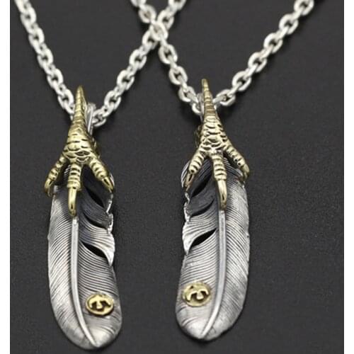 925 Sterling Silver Jewelry Retro Personality Hand Eagle Claw Feather Pendant For man and women