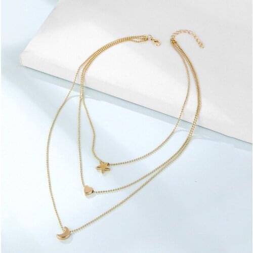 European American Hot Sale Retro Simple Peach Heart Moon Star Pendant Necklace Sweater Chain Clavicle Chain Factory Direct Sales