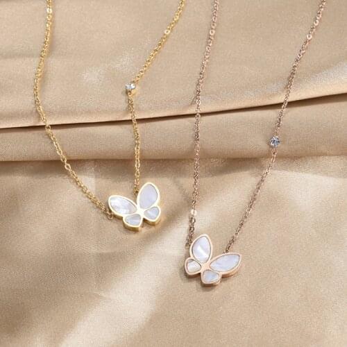 316L Stainless Steel Butterfly Shell Zircon Pendant Charms Chain Choker Necklace For Women Fashion Fine Jewelry SAN590