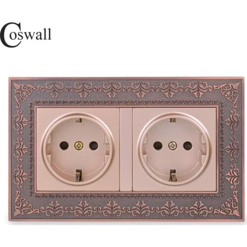 Coswall 16A Russia Spain EU Standard Double Power Socket Embossing Retro Zinc Alloy Metal Panel Wall Electrical Outlet Gold