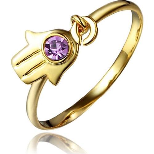 Hainon Gold Color Hamsa Hand Wedding Bands Ring Paved Purple Cubic Zircon Gift Jewelry Finger Ring Distribution