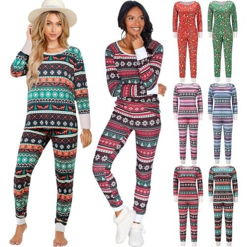 Christmas Pajamas Two Pieces Sets Women Autumn Winter Letter Elk Tree Print Long Sleeve Tops+Stripe Long Pencil Pants Home Suits