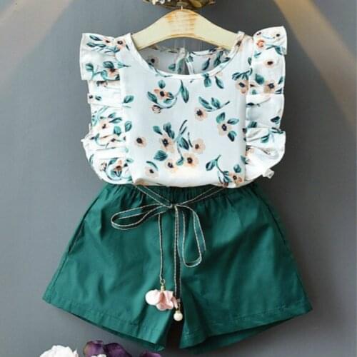 GirlsSuit Spring and Summer New Kids' Broken Flower Sleeveless T-shirt + Pure Shorts KidsSuit Fashion Childrens Clothing