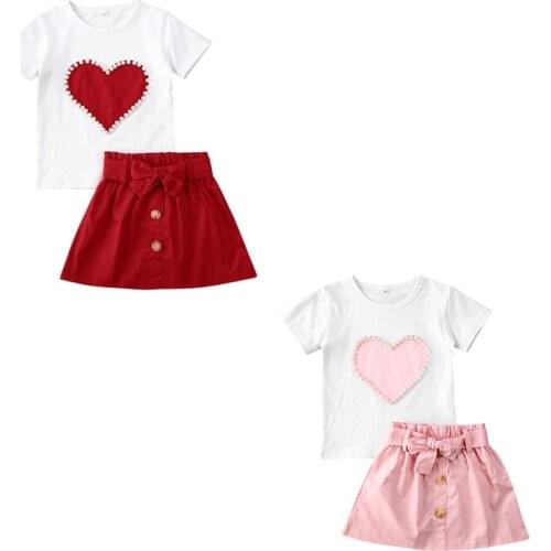 Valentines Day Fashion Toddler Kids Baby Girl Short Sleeve Pearl Love Top Skirts 2pcs Clothes Outfits Sunsuit