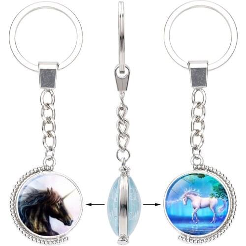 LG 99mm Long Marvel Key Ring Animal Jewelry Horse Glass Cabochon Metal Double Side Rotatable Keychain Gift For Valentines Day