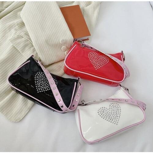 Fashion Women Rivet Strap PU Leather Rhinestone Love Underarm Shoulder Bag Casual Ladies Glitter Small Hobos Handbag Purse
