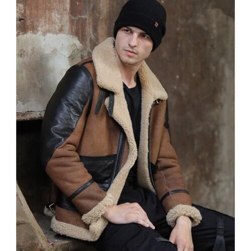 SANI Shearling Fur Sheepskin Men Formal Causal Brown Genuine Leather Thick Fur Jacket Real Fur Clothing