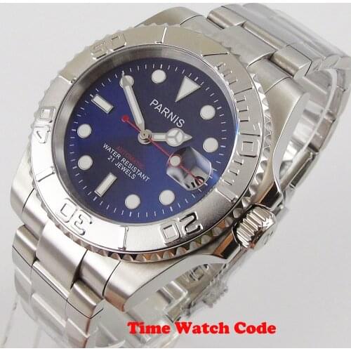 Parnis 40mm Automatic Mens Wristwatch Miyota movement Date window Sapphire Glass Blue dial bracelet ceramic bezel luminous
