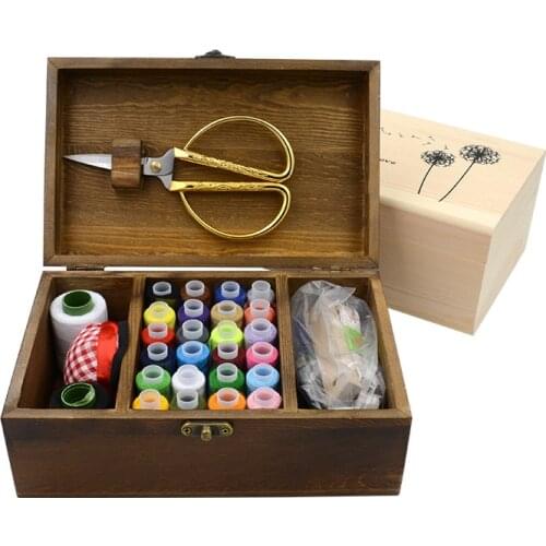 Natural Wood Multi-function Sewing Kit Box Household Hand Sewing Box Kit Set Cross-Stitch Needlebox DIY HomeTools