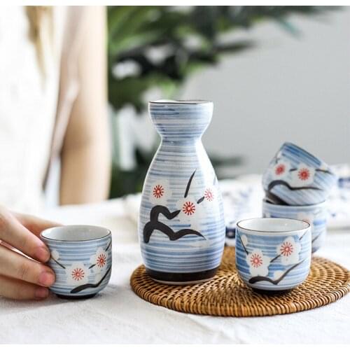 Plum Blossom Liquor Wine Set Japanese Sake Set Ceramic Wine Pot with Drinking Cup Flagon (1 pot + 4 cups)