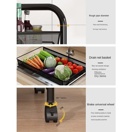 Kitchen shelf floor multi-layer movable household trolley storage rack Vegetable Basket Supplies
